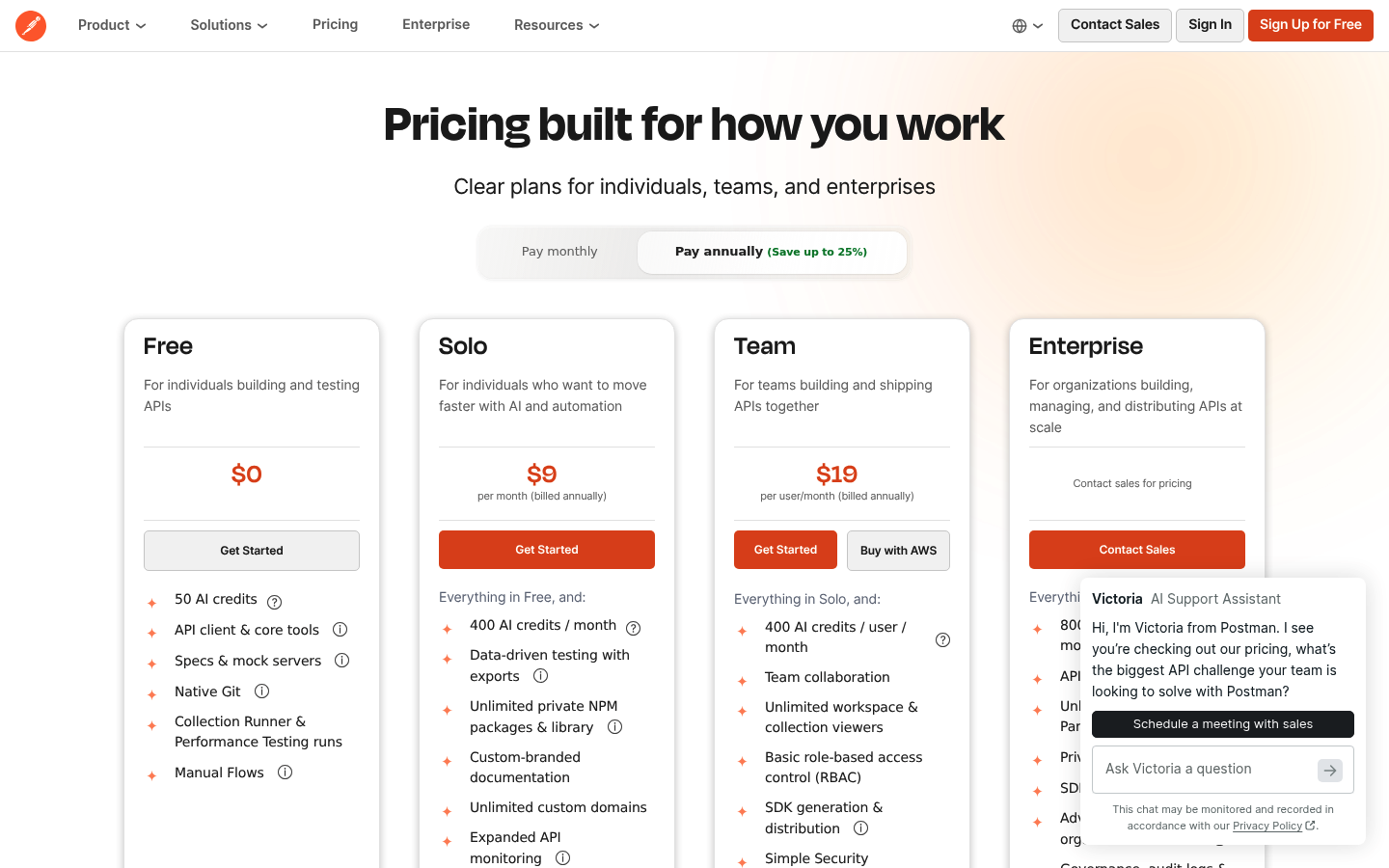 Screenshot of Postman's pricing page showing its plans and prices