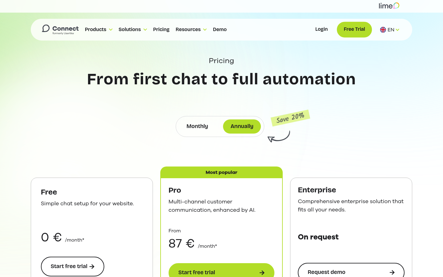 Screenshot of Userlike's pricing page showing its plans and prices