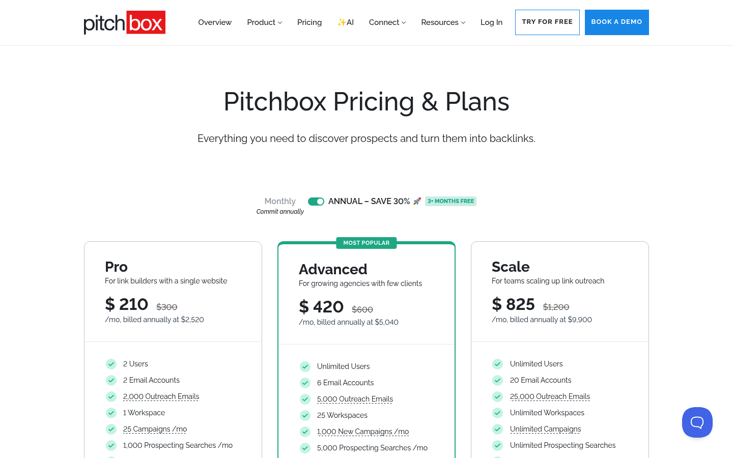 Screenshot of Pitchbox's pricing page showing its plans and prices