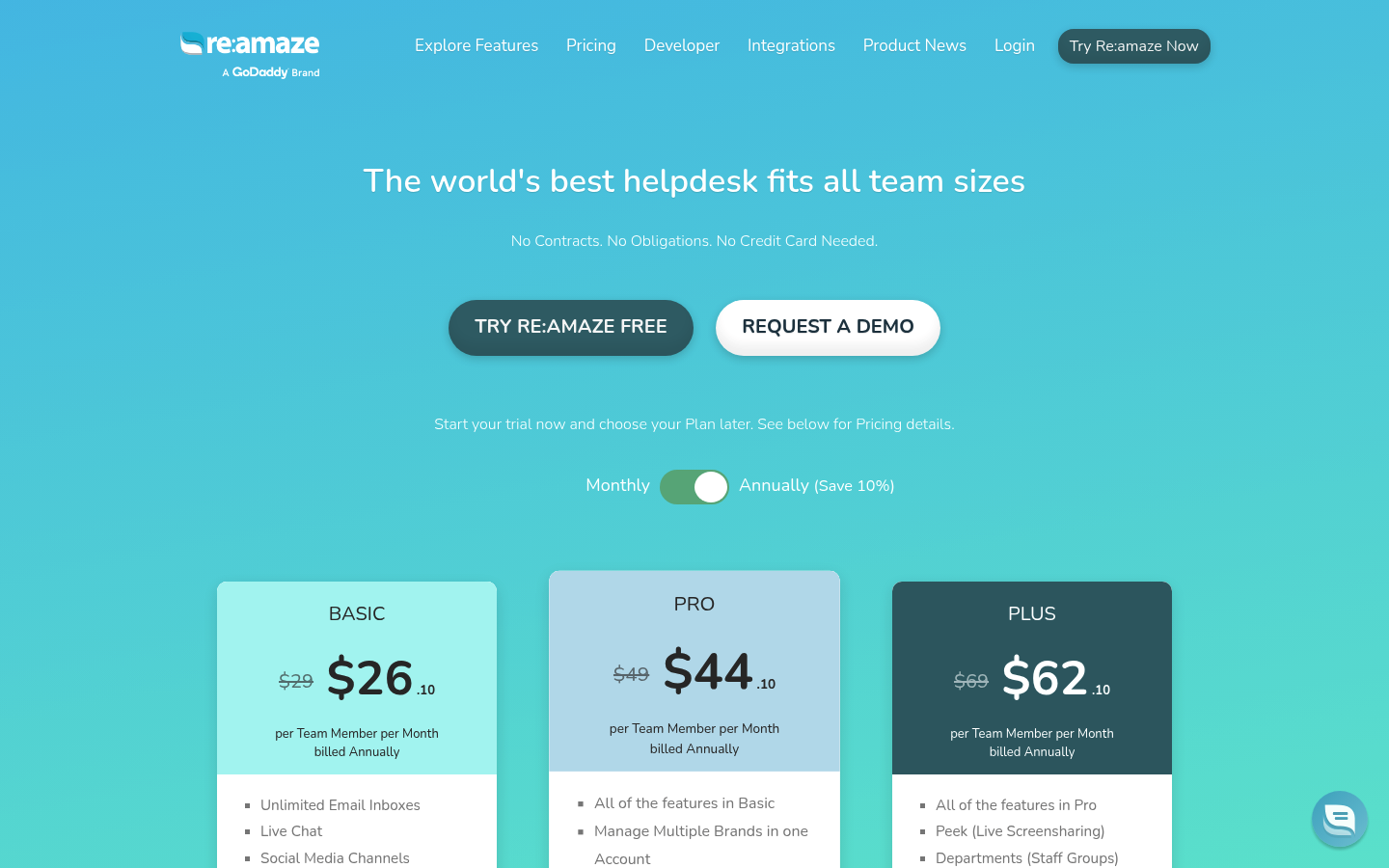 Screenshot of Re:amaze's pricing page showing its plans and prices