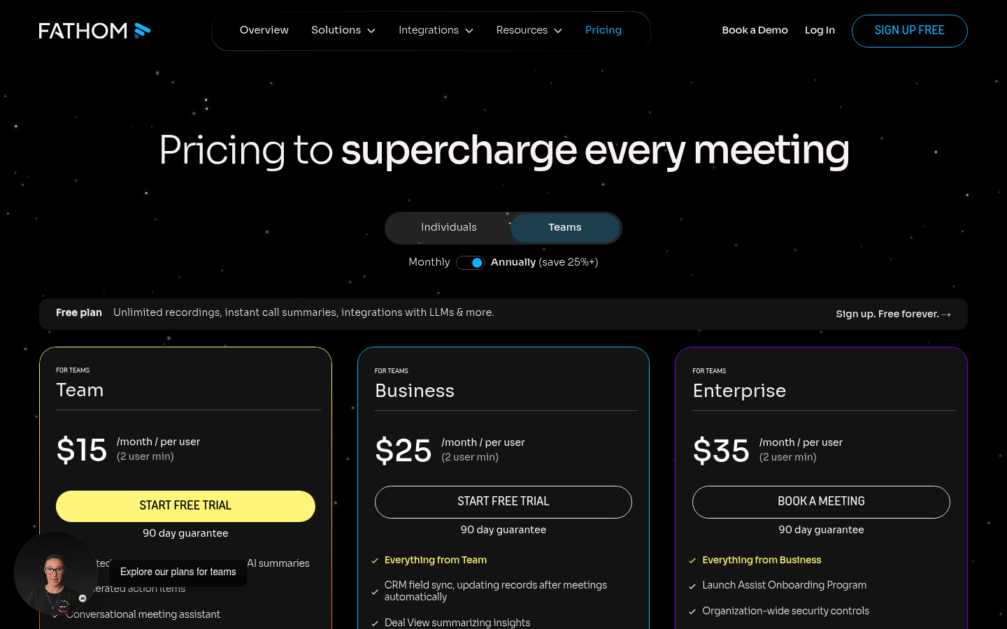 Screenshot of Fathom Notetaker's pricing page showing its plans and prices