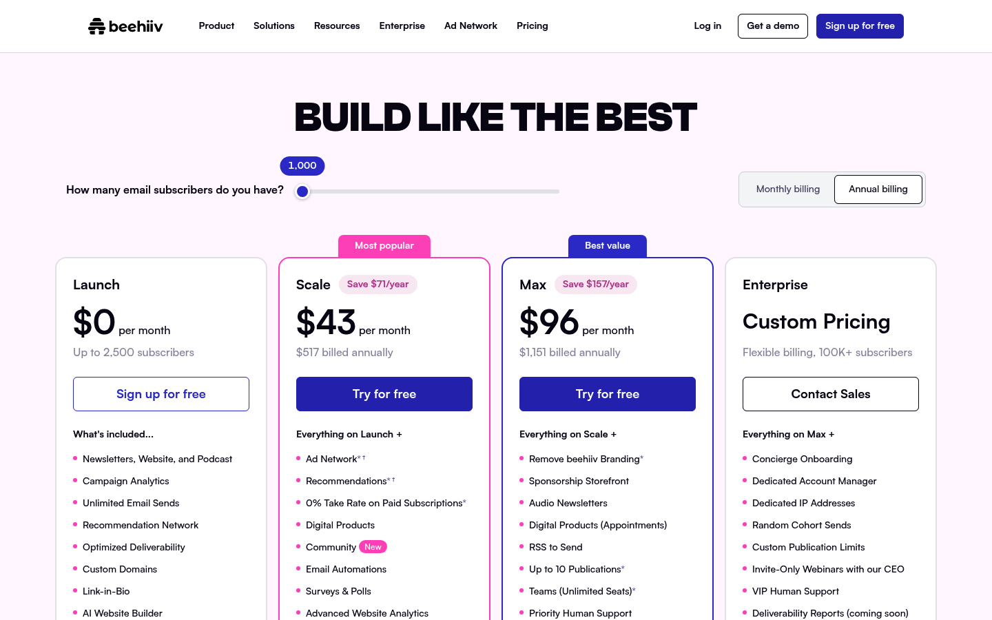 Screenshot of Beehiiv's pricing page showing its plans and prices