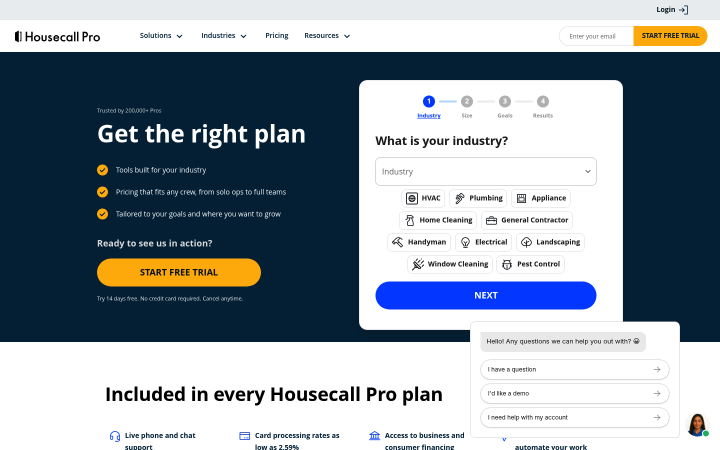 Screenshot of Housecall Pro's pricing page showing its plans and prices