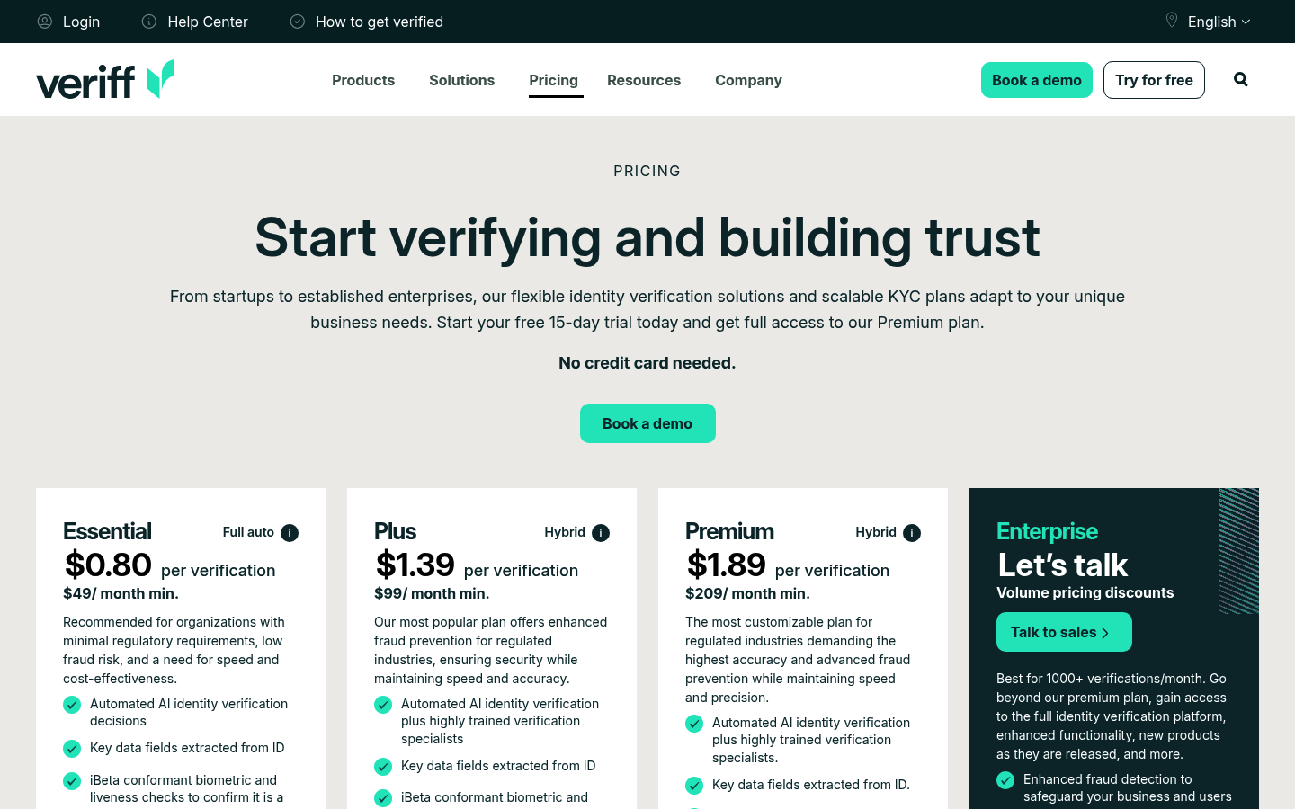 Screenshot of Veriff's pricing page showing its plans and prices