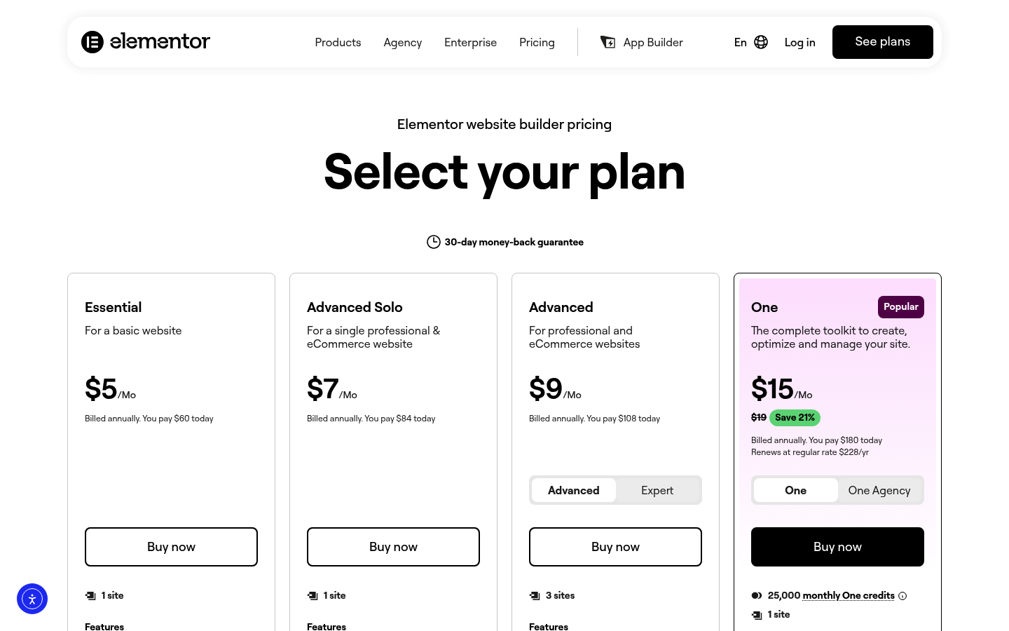 Screenshot of Elementor's pricing page showing its plans and prices