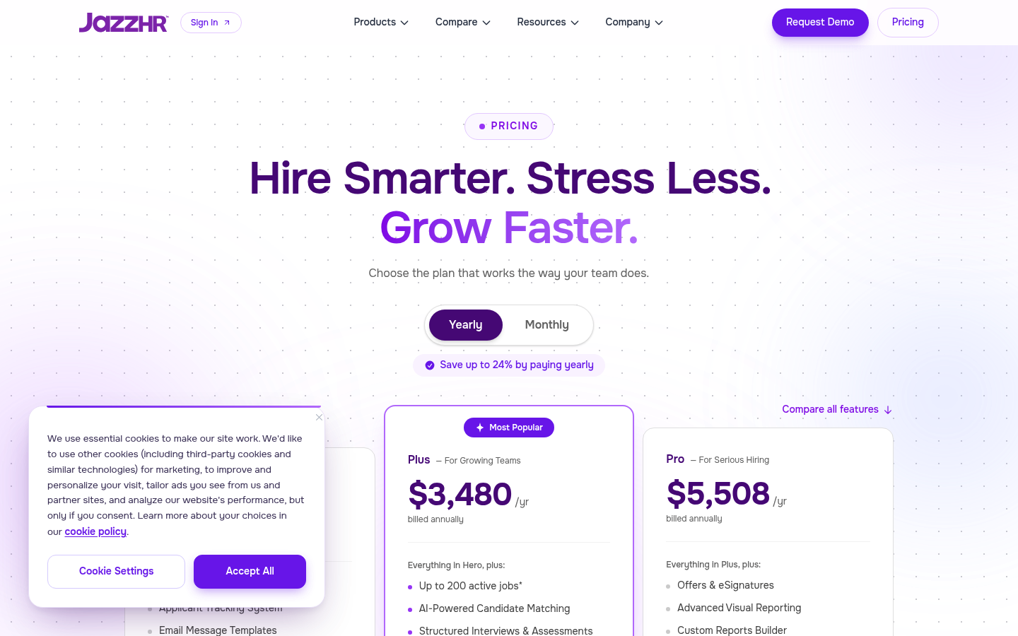 Screenshot of JazzHR's pricing page showing its plans and prices
