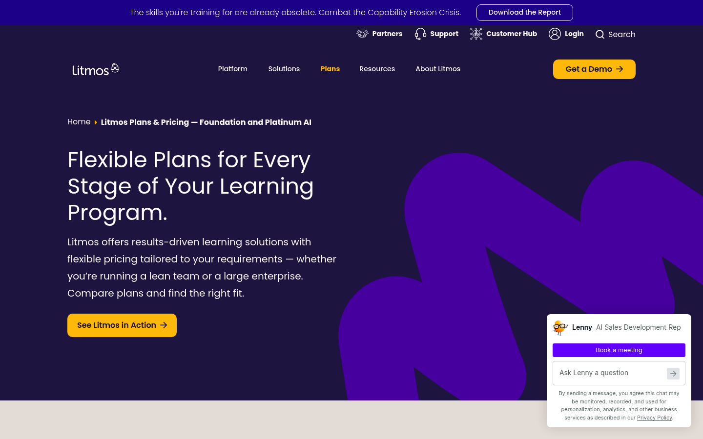 Screenshot of Litmos's pricing page showing its plans and prices
