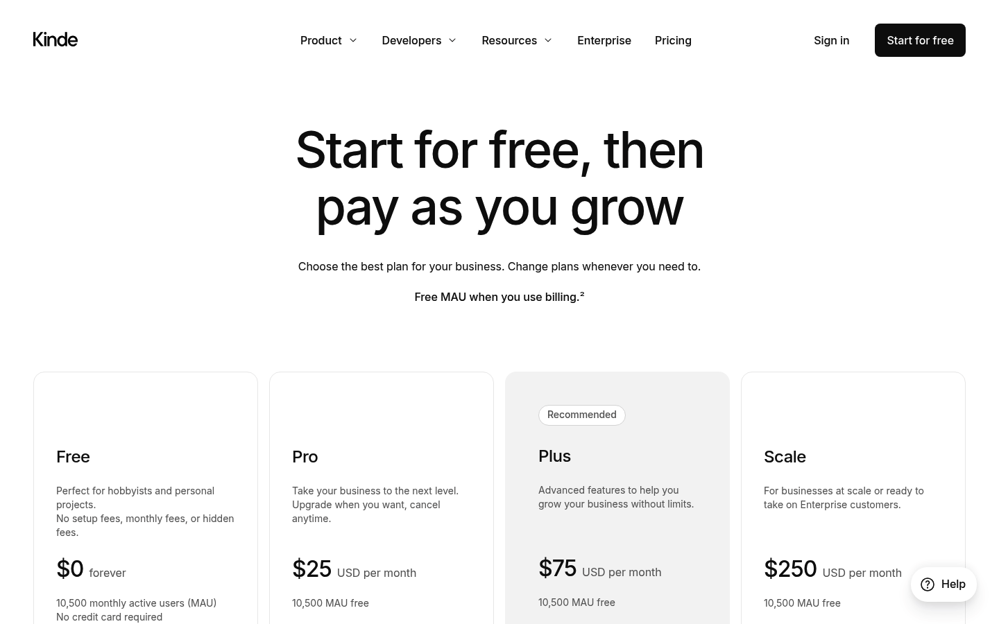 Screenshot of Kinde's pricing page showing its plans and prices