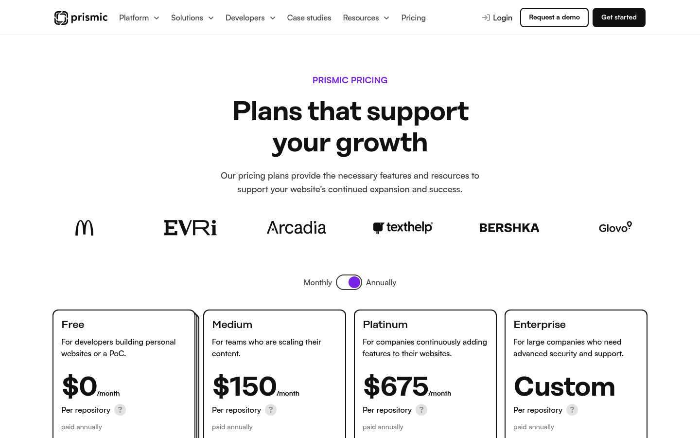 Screenshot of Prismic's pricing page showing its plans and prices