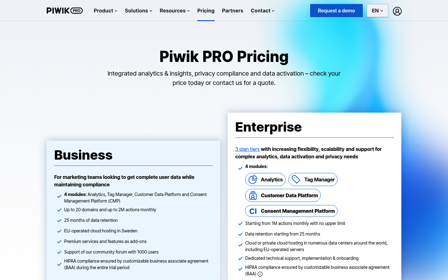 Screenshot of Piwik PRO's pricing page showing its plans and prices