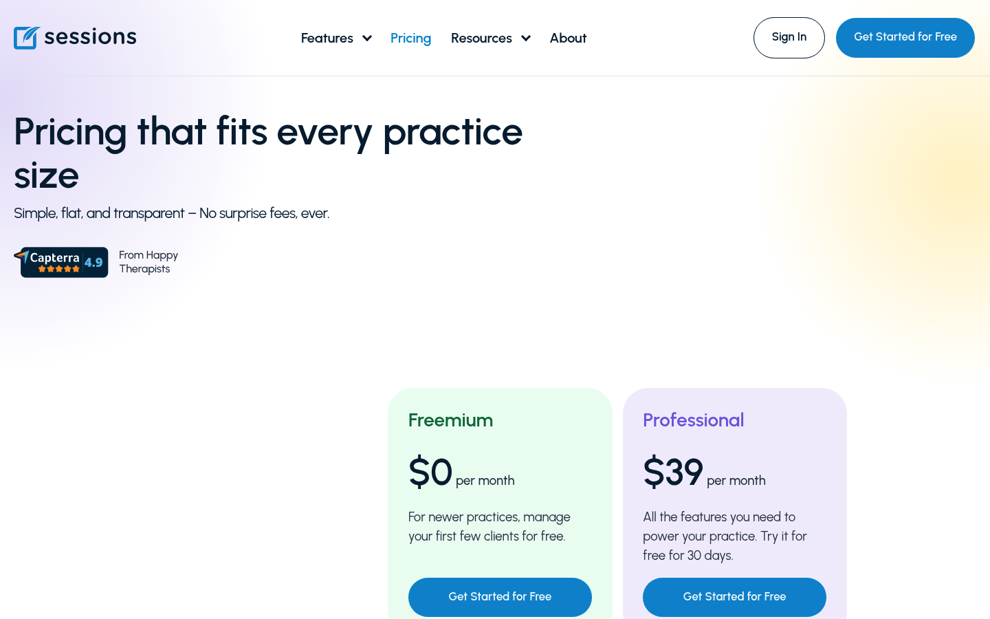 Screenshot of Sessions Health's pricing page showing its plans and prices
