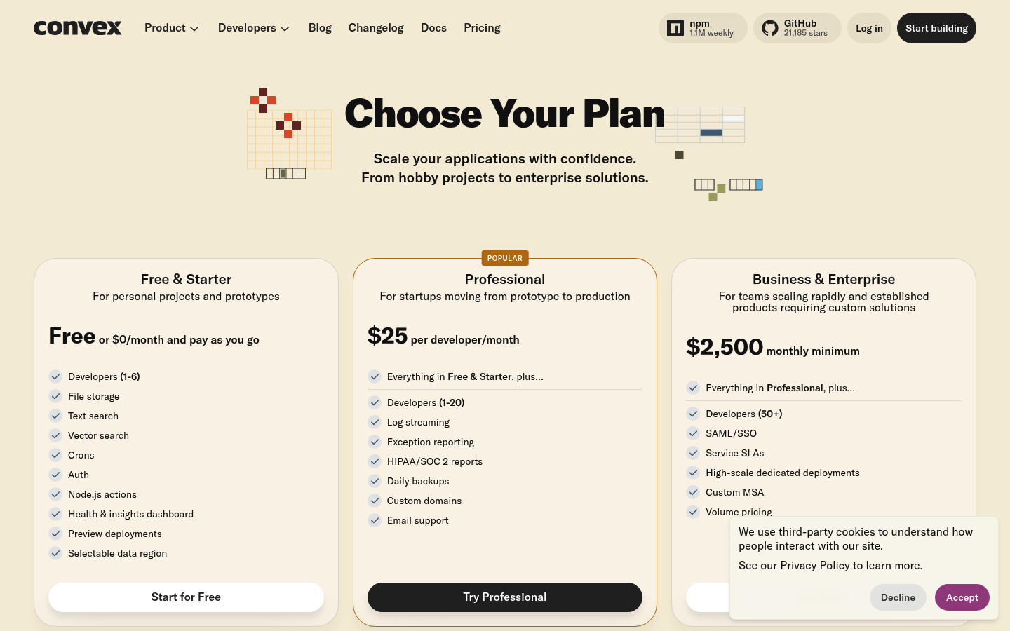 Screenshot of Convex's pricing page showing its plans and prices