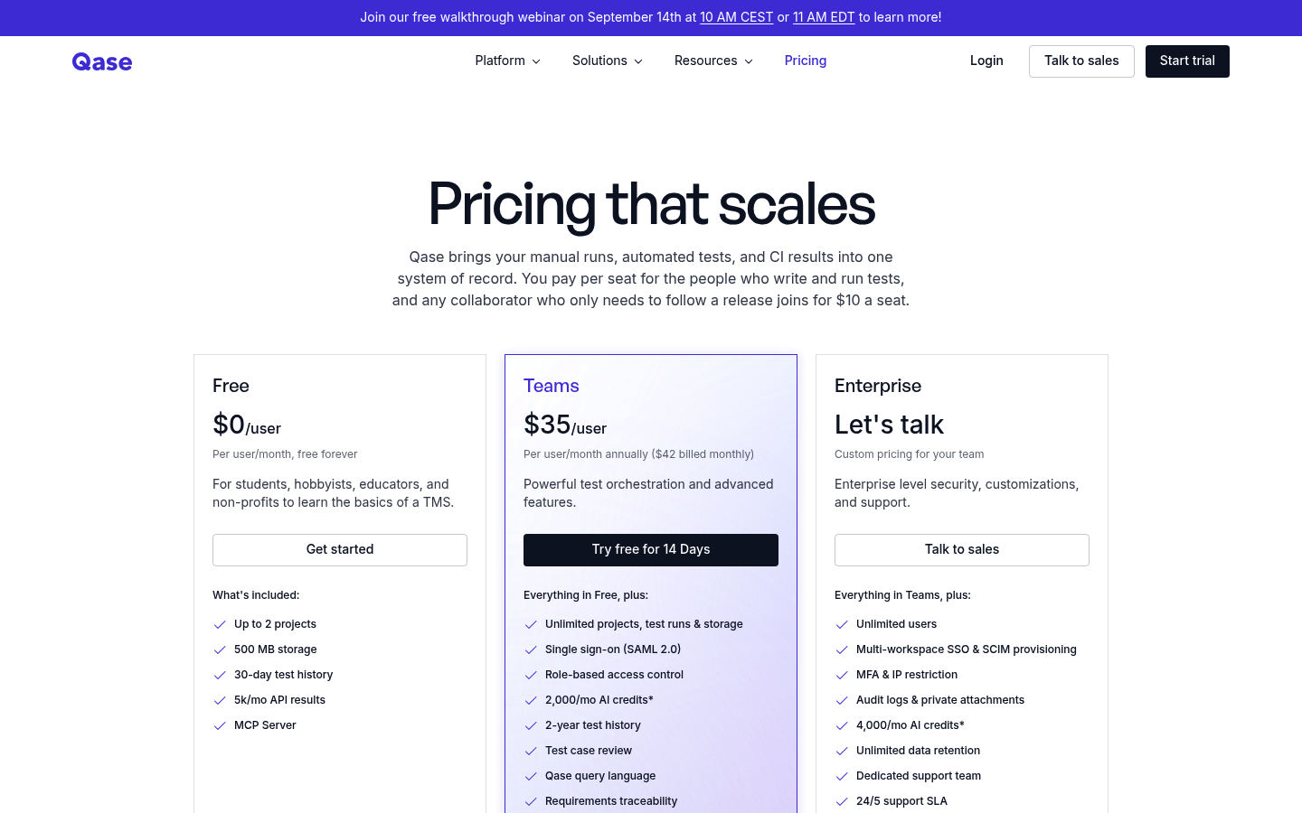 Screenshot of Qase's pricing page showing its plans and prices