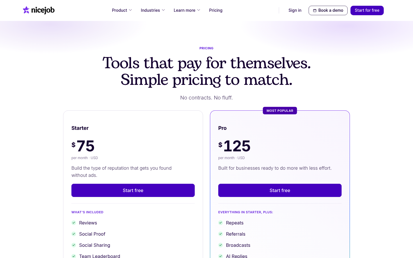 Screenshot of NiceJob's pricing page showing its plans and prices