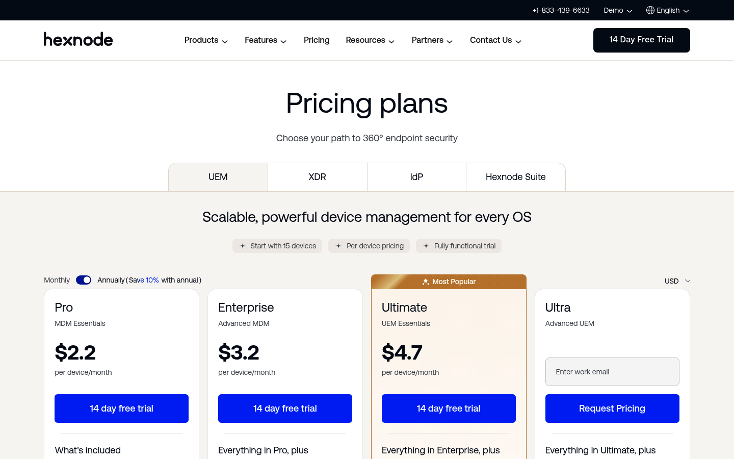 Screenshot of Hexnode's pricing page showing its plans and prices