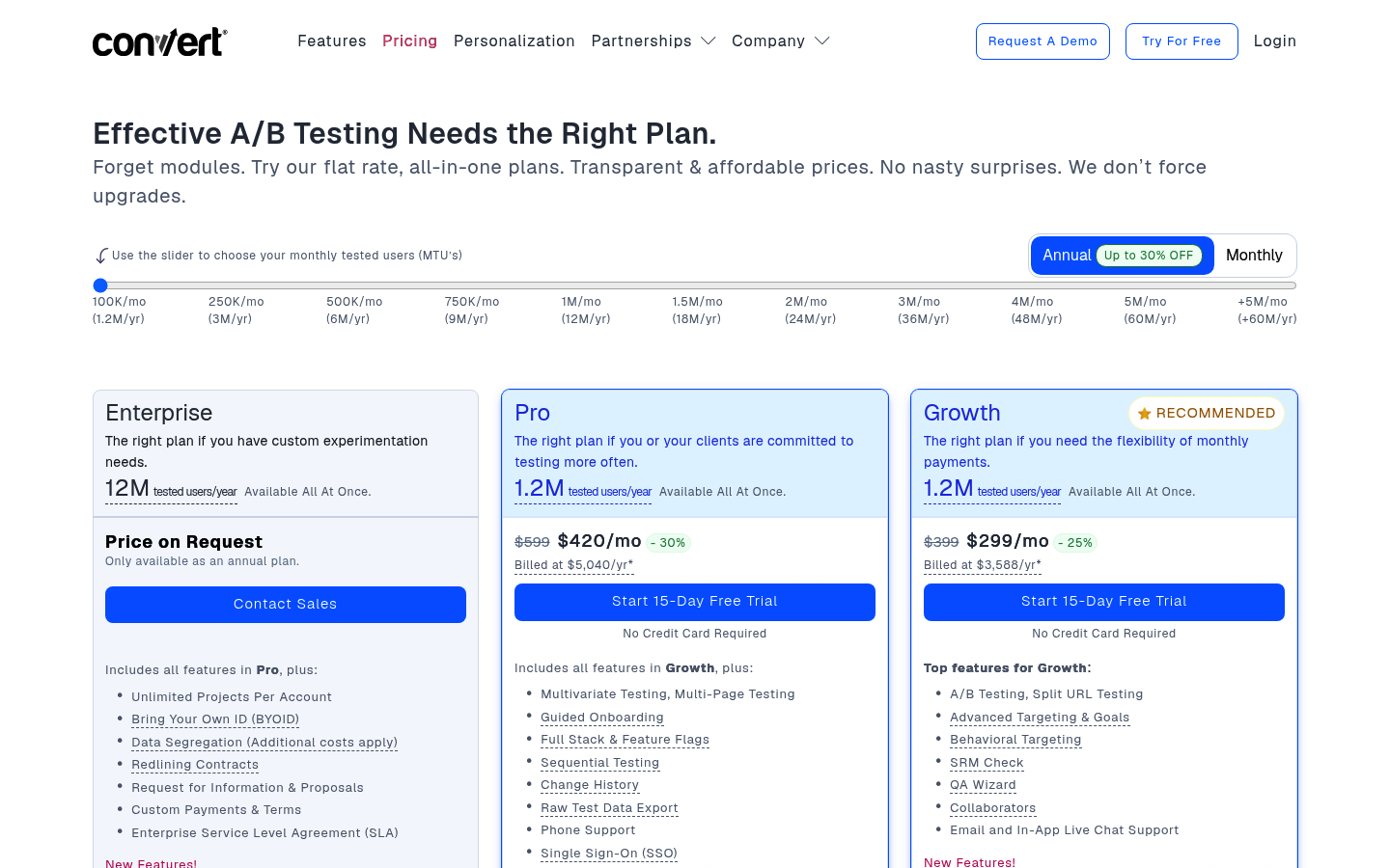 Screenshot of Convert's pricing page showing its plans and prices