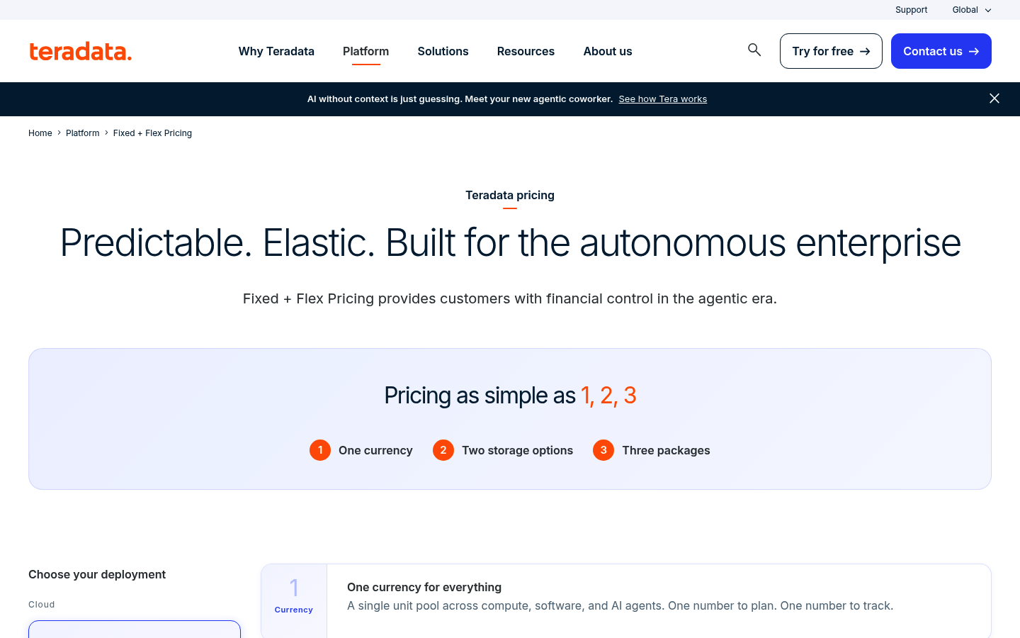Screenshot of Teradata's pricing page showing its plans and prices