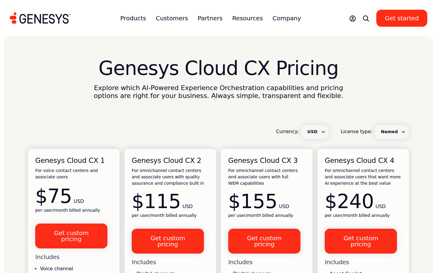 Screenshot of Genesys's pricing page showing its plans and prices