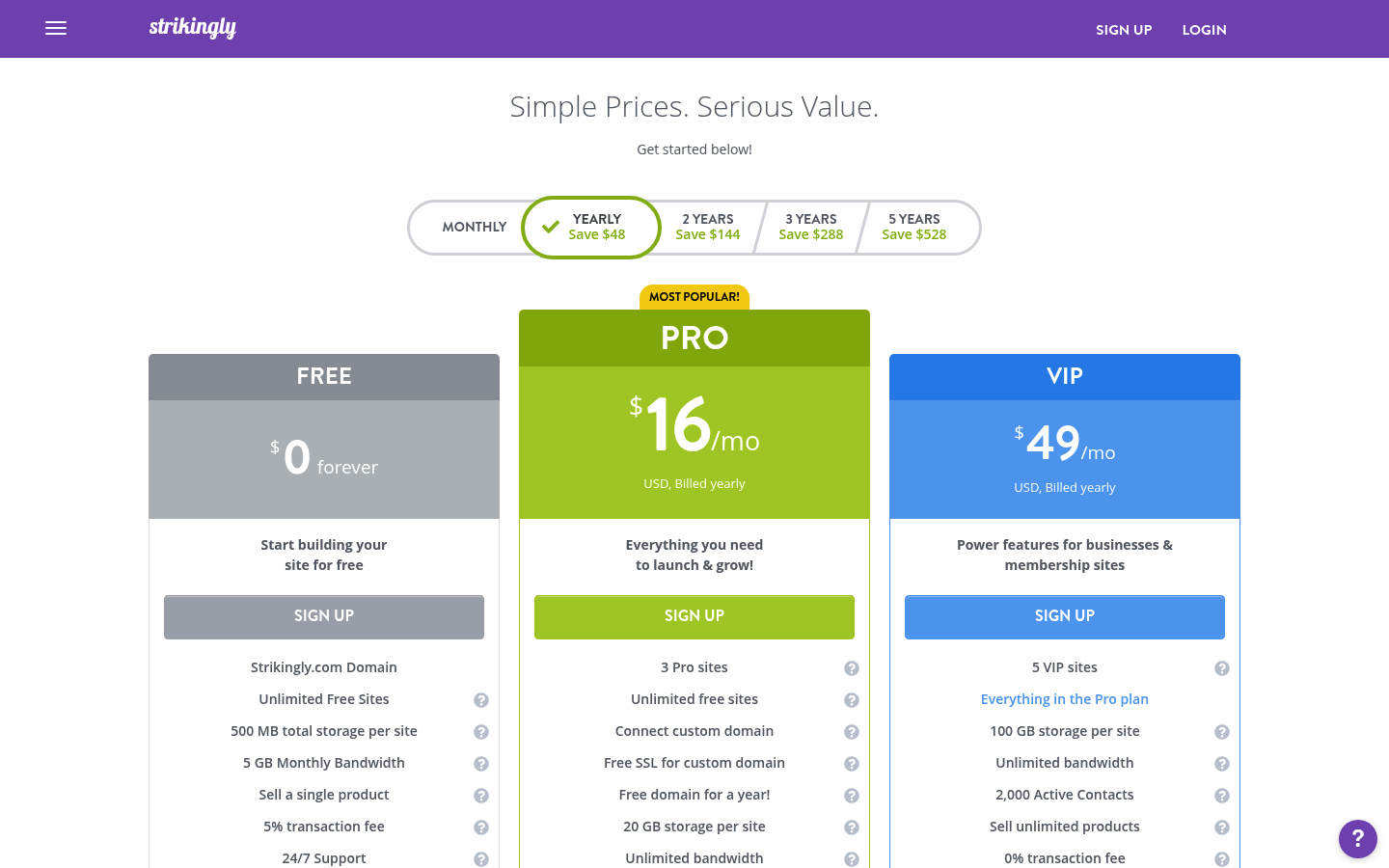 Screenshot of Strikingly's pricing page showing its plans and prices