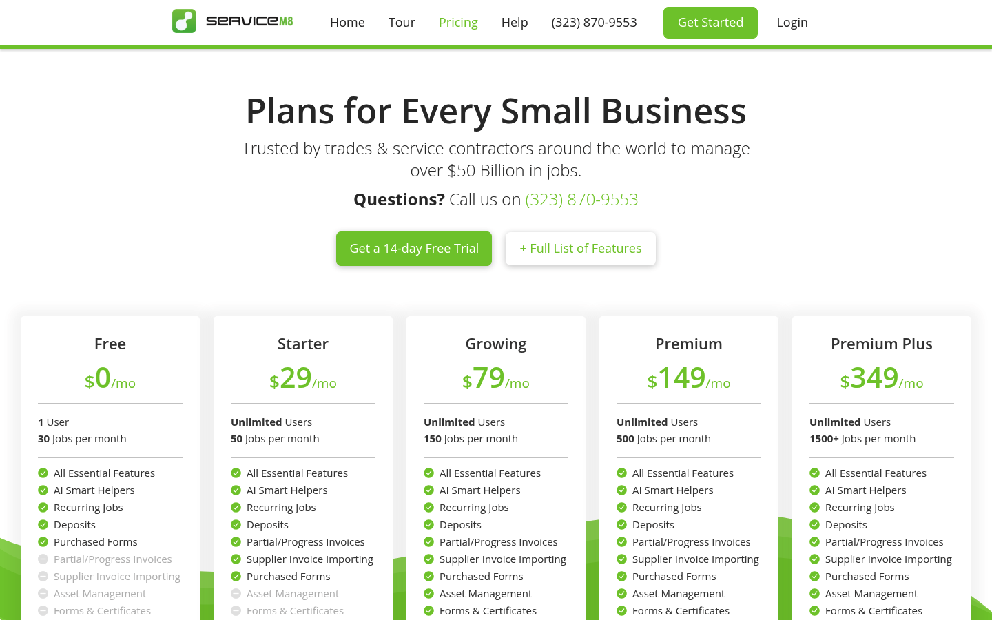 Screenshot of ServiceM8's pricing page showing its plans and prices