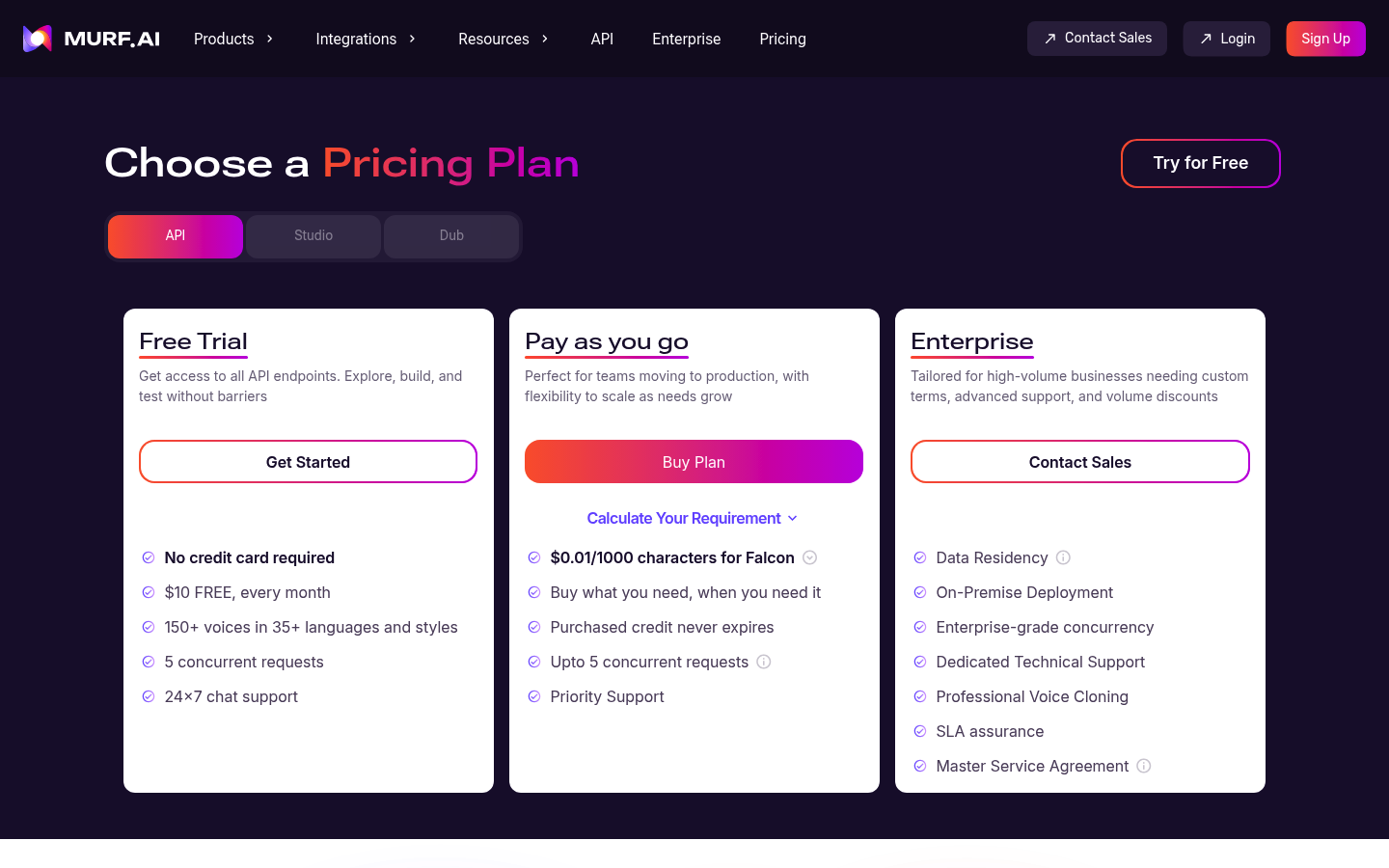 Screenshot of Murf's pricing page showing its plans and prices