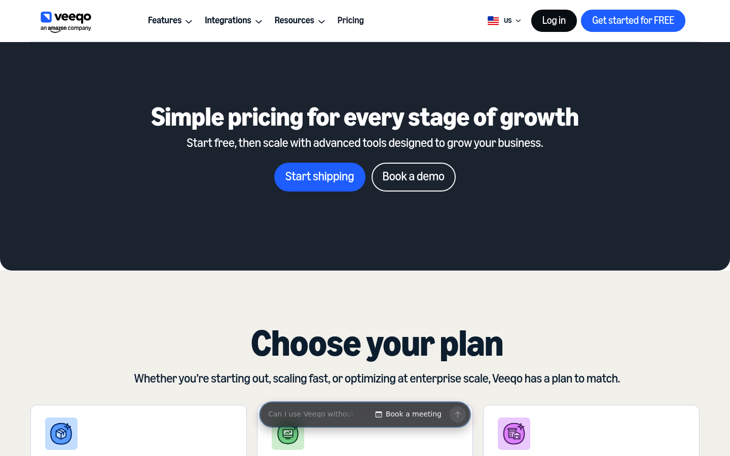 Screenshot of Veeqo's pricing page showing its plans and prices