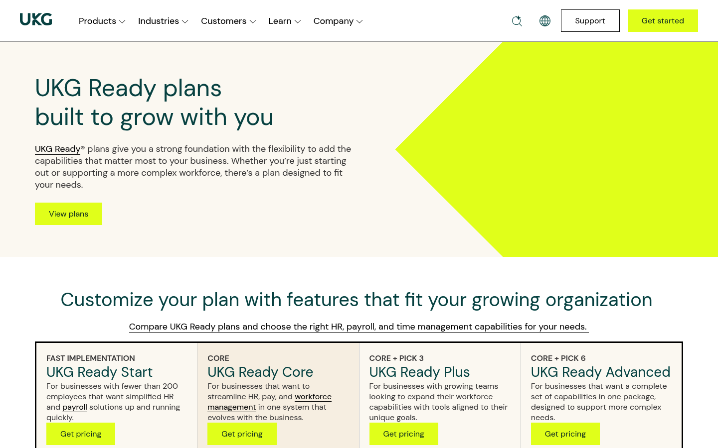 Screenshot of UKG's pricing page showing its plans and prices