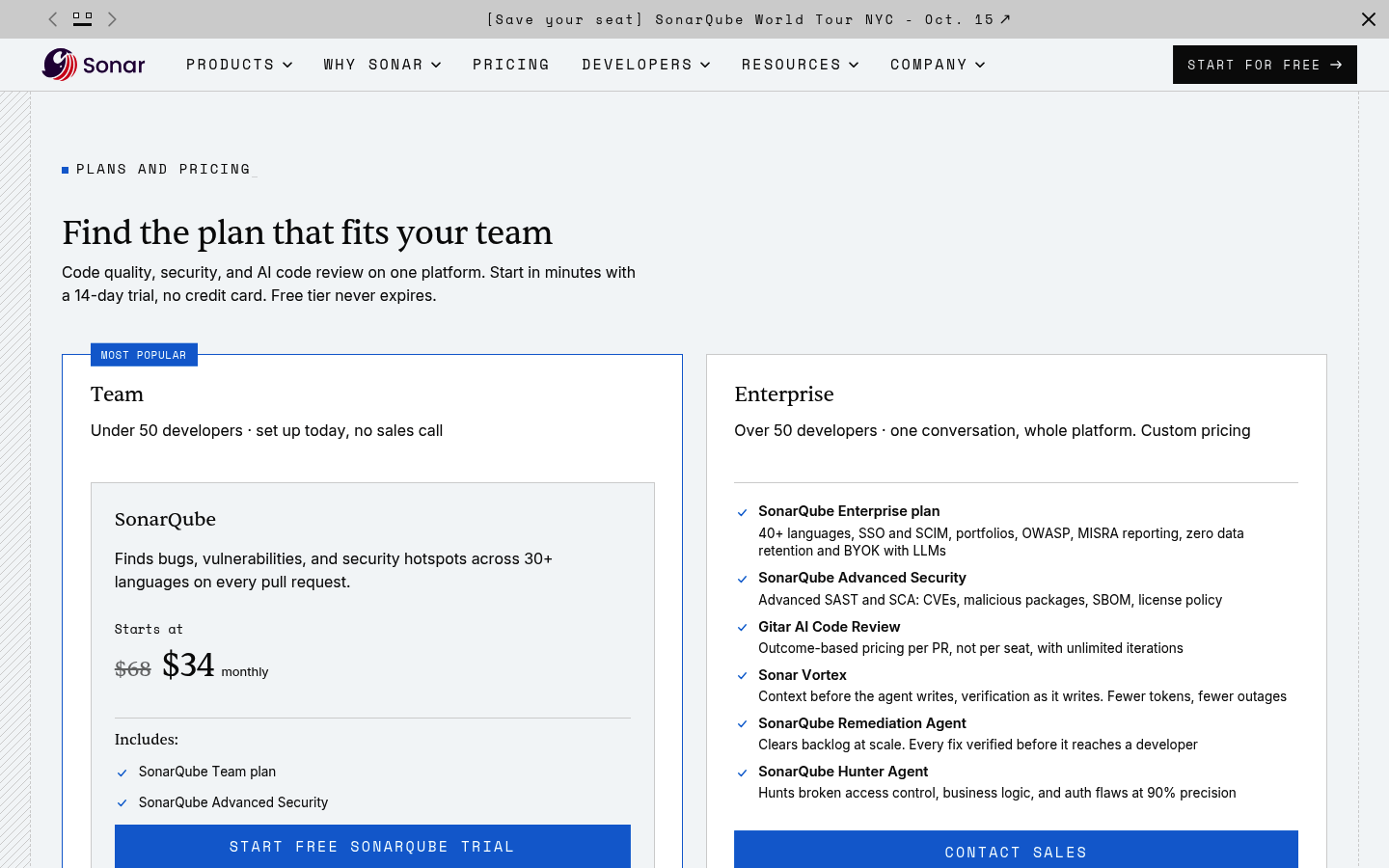 Screenshot of SonarQube's pricing page showing its plans and prices