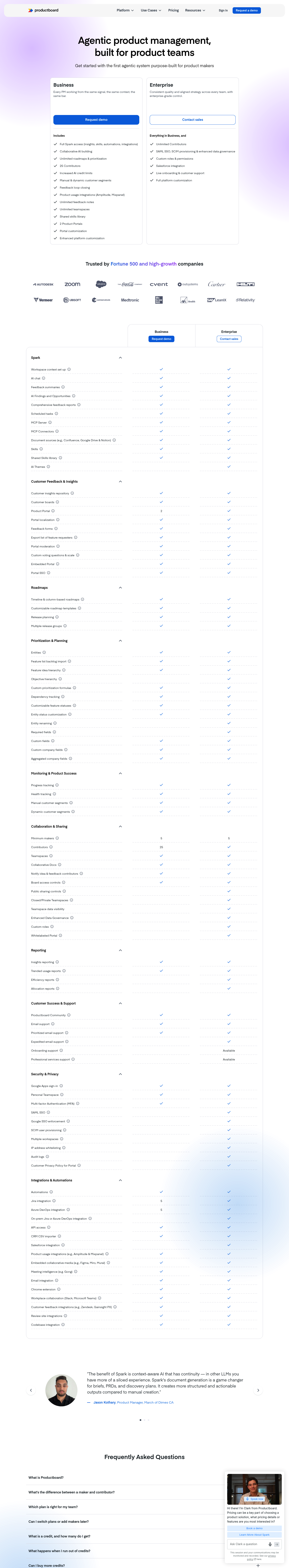 Screenshot of ProductBoard's pricing page showing its plans and prices