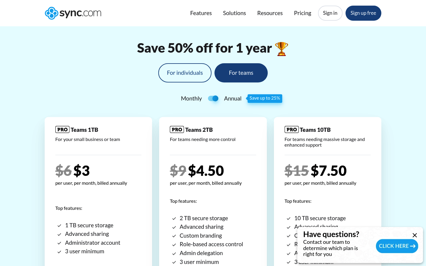 Screenshot of Sync.com's pricing page showing its plans and prices