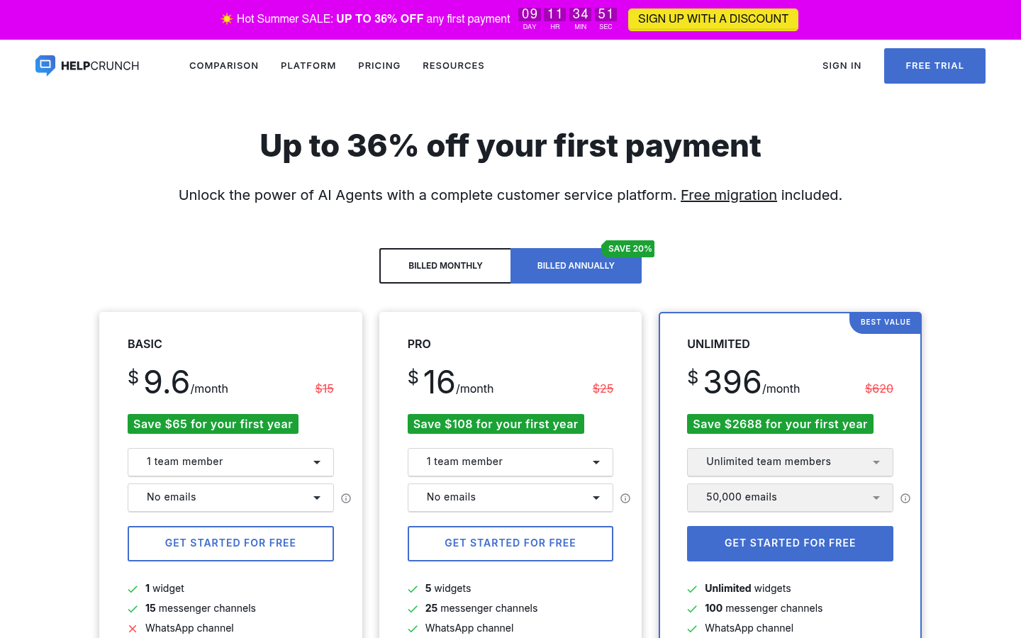 Screenshot of HelpCrunch's pricing page showing its plans and prices