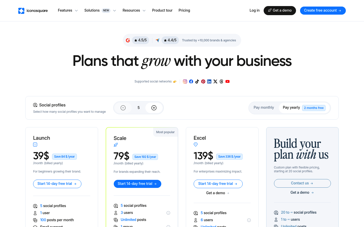 Screenshot of Iconosquare's pricing page showing its plans and prices