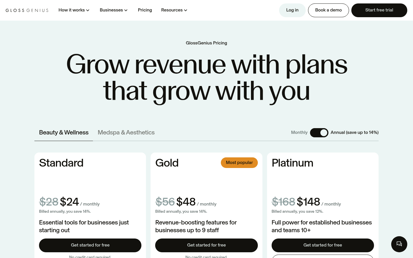 Screenshot of GlossGenius's pricing page showing its plans and prices