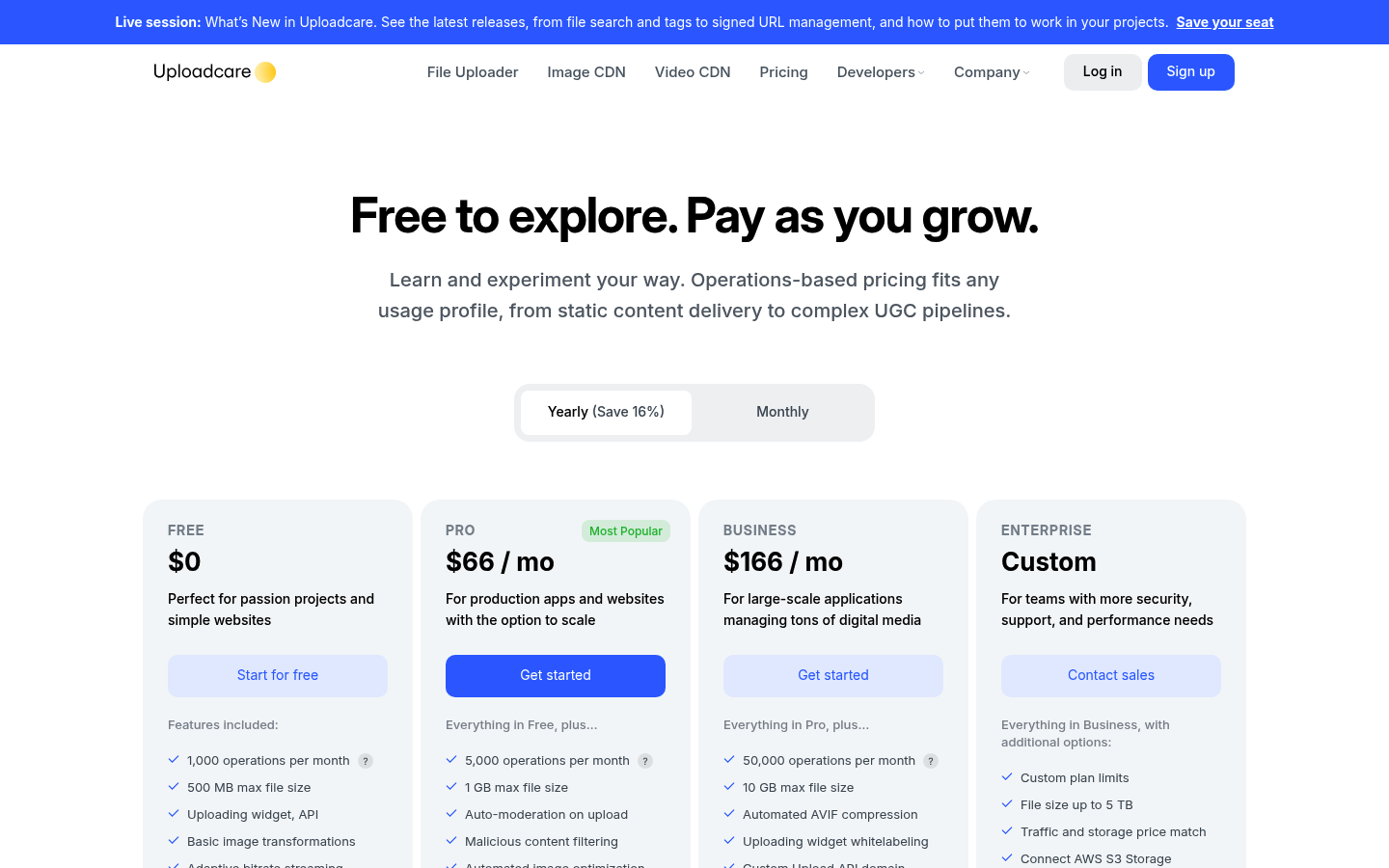 Screenshot of Uploadcare's pricing page showing its plans and prices