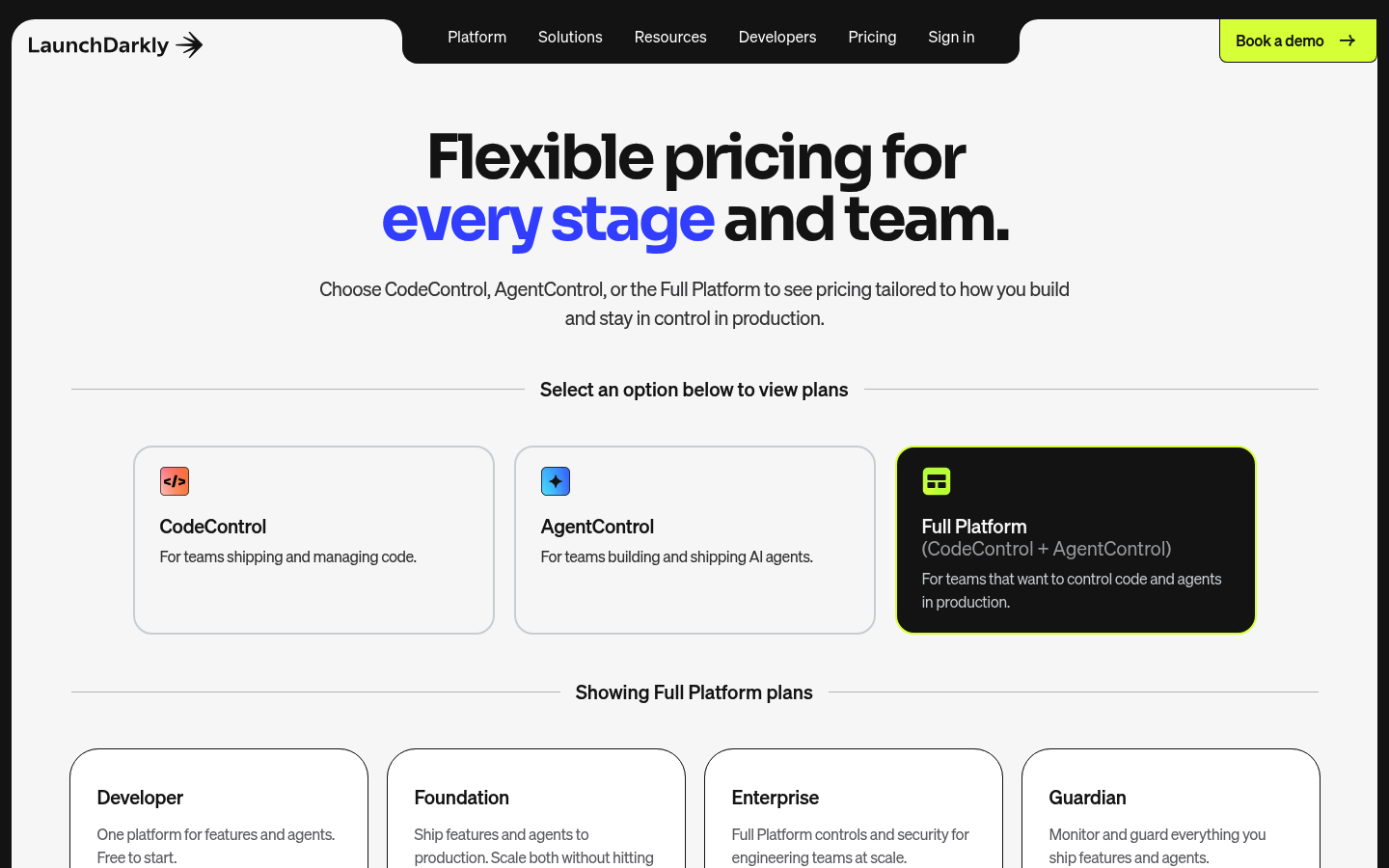 Screenshot of LaunchDarkly's pricing page showing its plans and prices