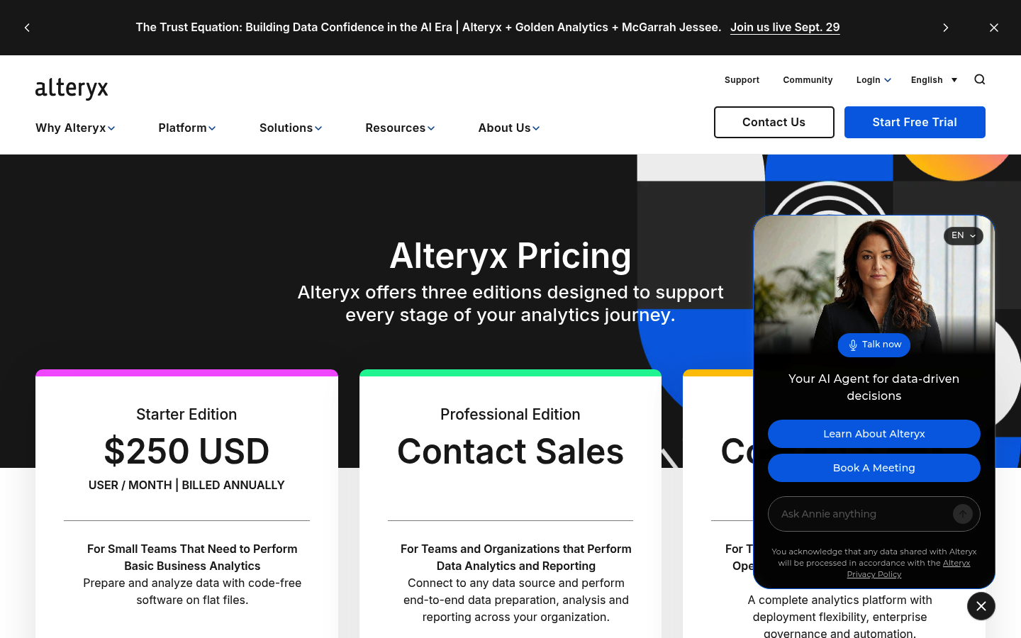 Screenshot of Alteryx's pricing page showing its plans and prices