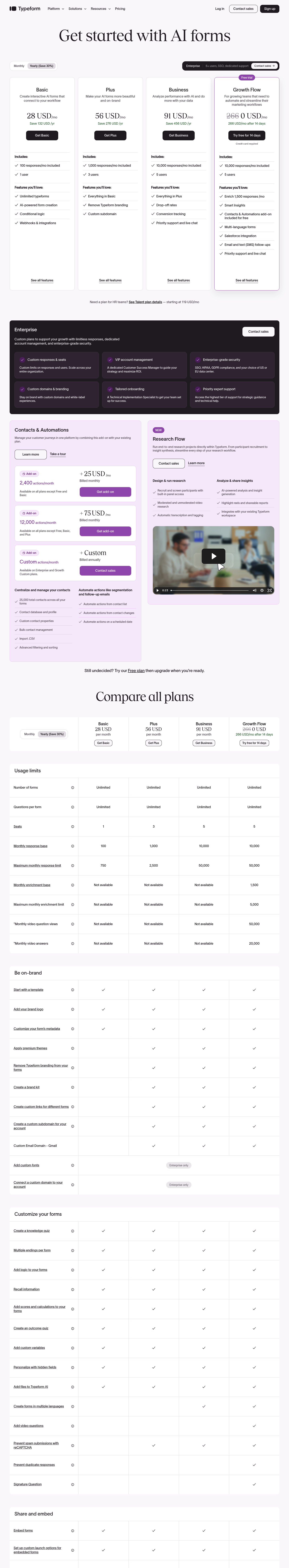 Screenshot of Typeform's pricing page showing its plans and prices