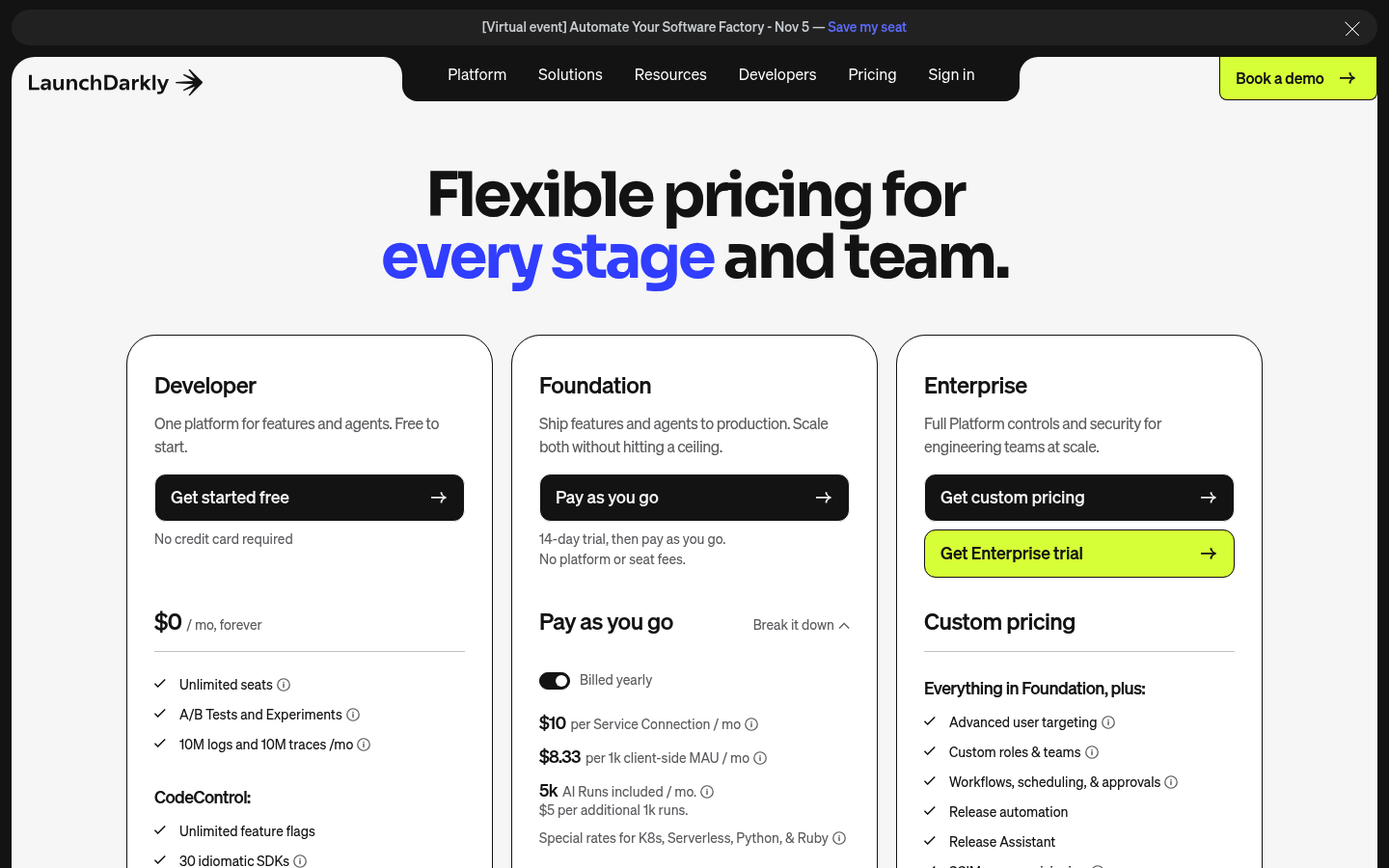Screenshot of LaunchDarkly's pricing page showing its plans and prices