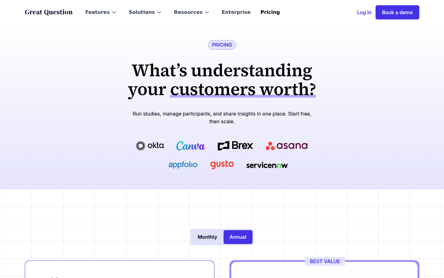 Screenshot of Great Question's pricing page showing its plans and prices