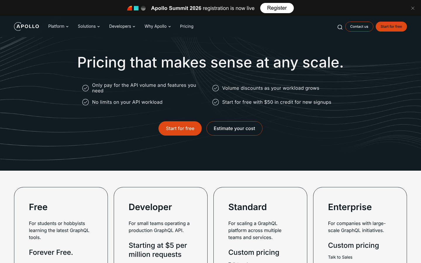 Screenshot of Apollo GraphQL's pricing page showing its plans and prices