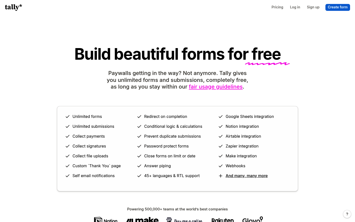 Screenshot of Tally's pricing page showing its plans and prices