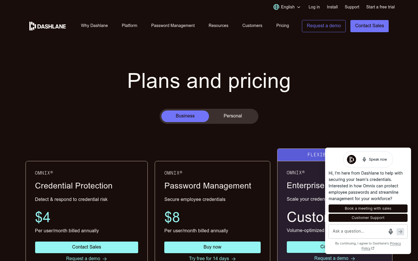 Screenshot of Dashlane's pricing page showing its plans and prices