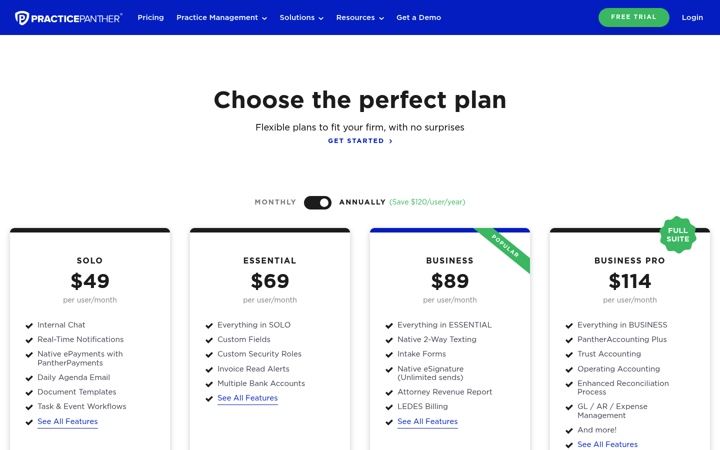 Screenshot of PracticePanther's pricing page showing its plans and prices