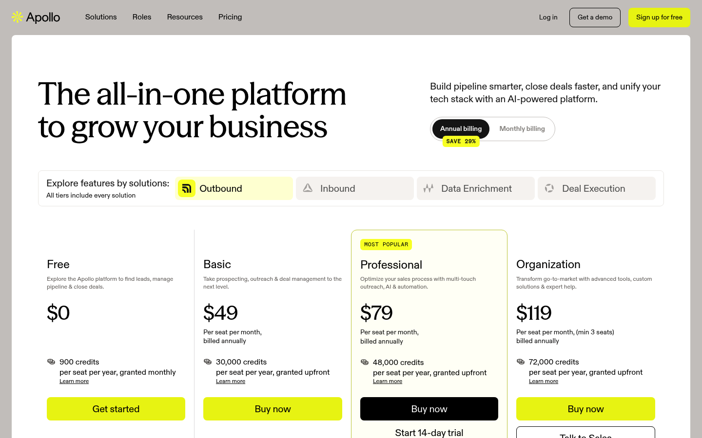 Screenshot of Apollo.io's pricing page showing its plans and prices