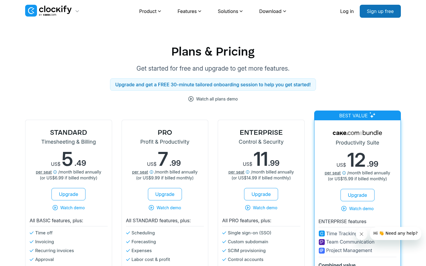 Screenshot of Clockify's pricing page showing its plans and prices