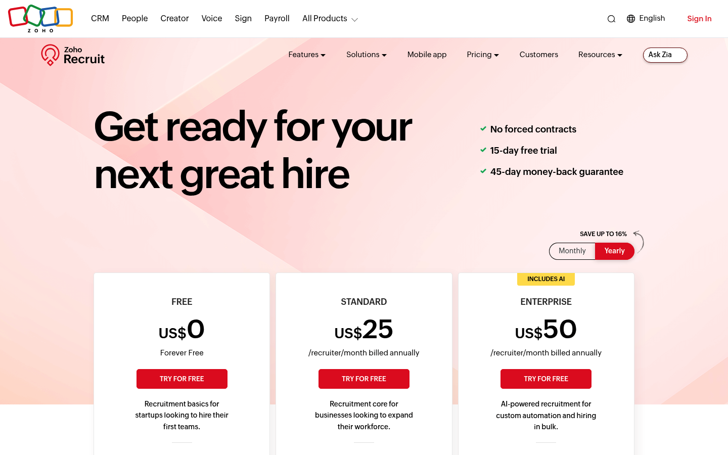 Screenshot of Zoho Recruit's pricing page showing its plans and prices