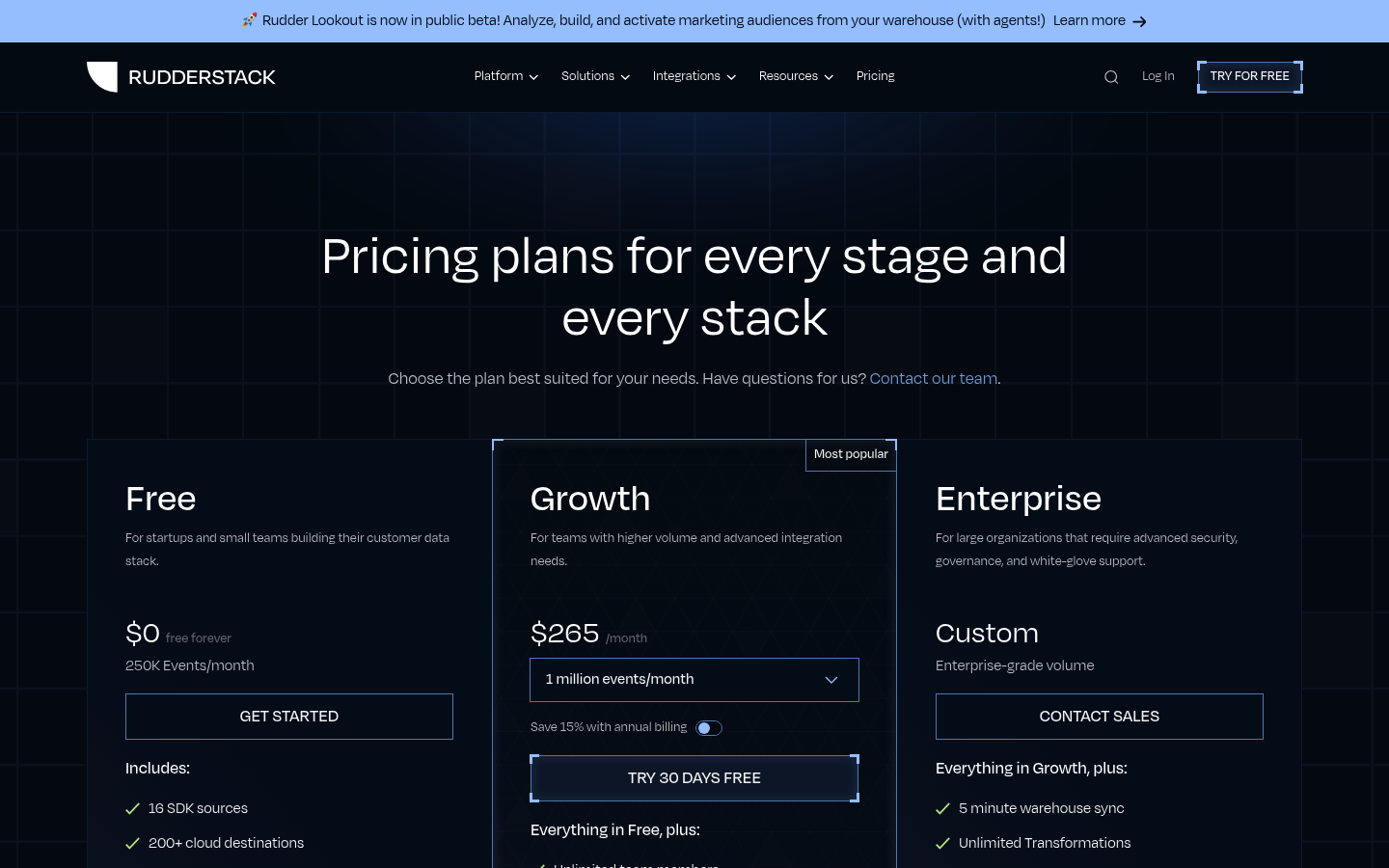 Screenshot of RudderStack's pricing page showing its plans and prices