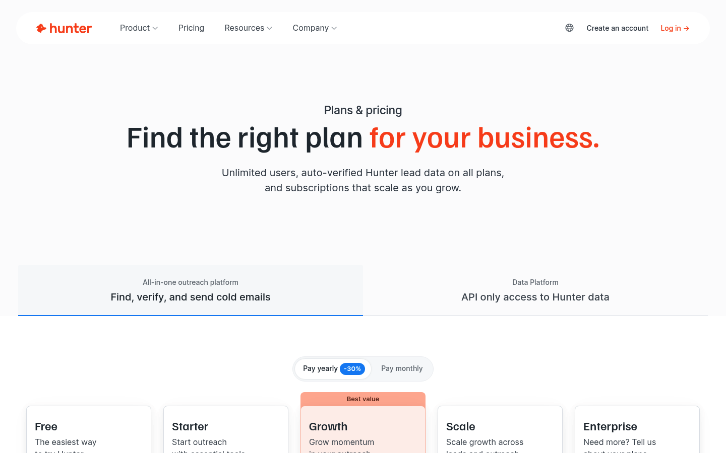 Screenshot of Hunter's pricing page showing its plans and prices
