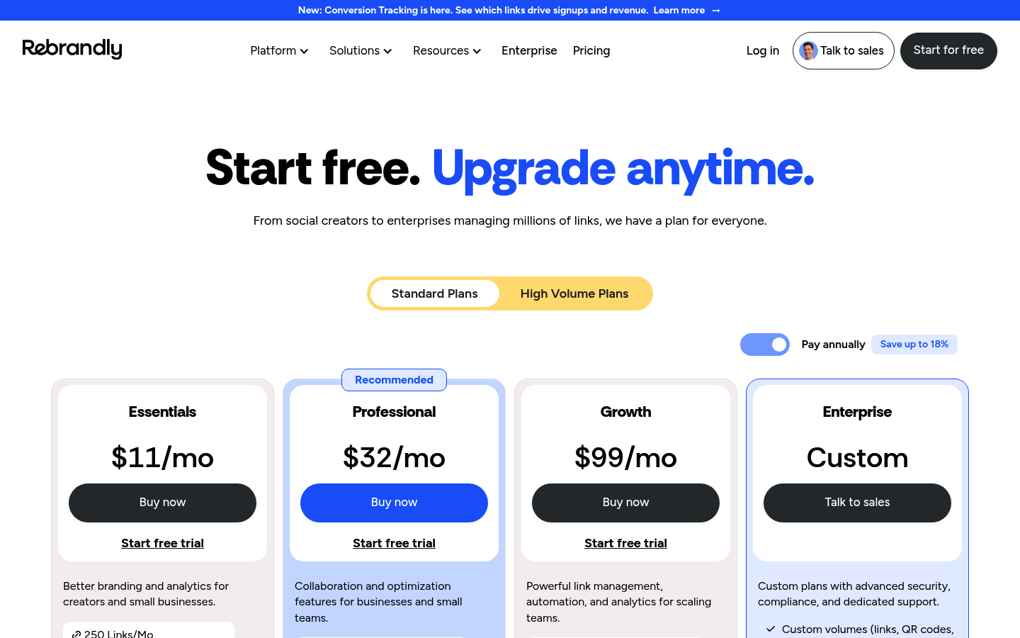 Screenshot of Rebrandly's pricing page showing its plans and prices