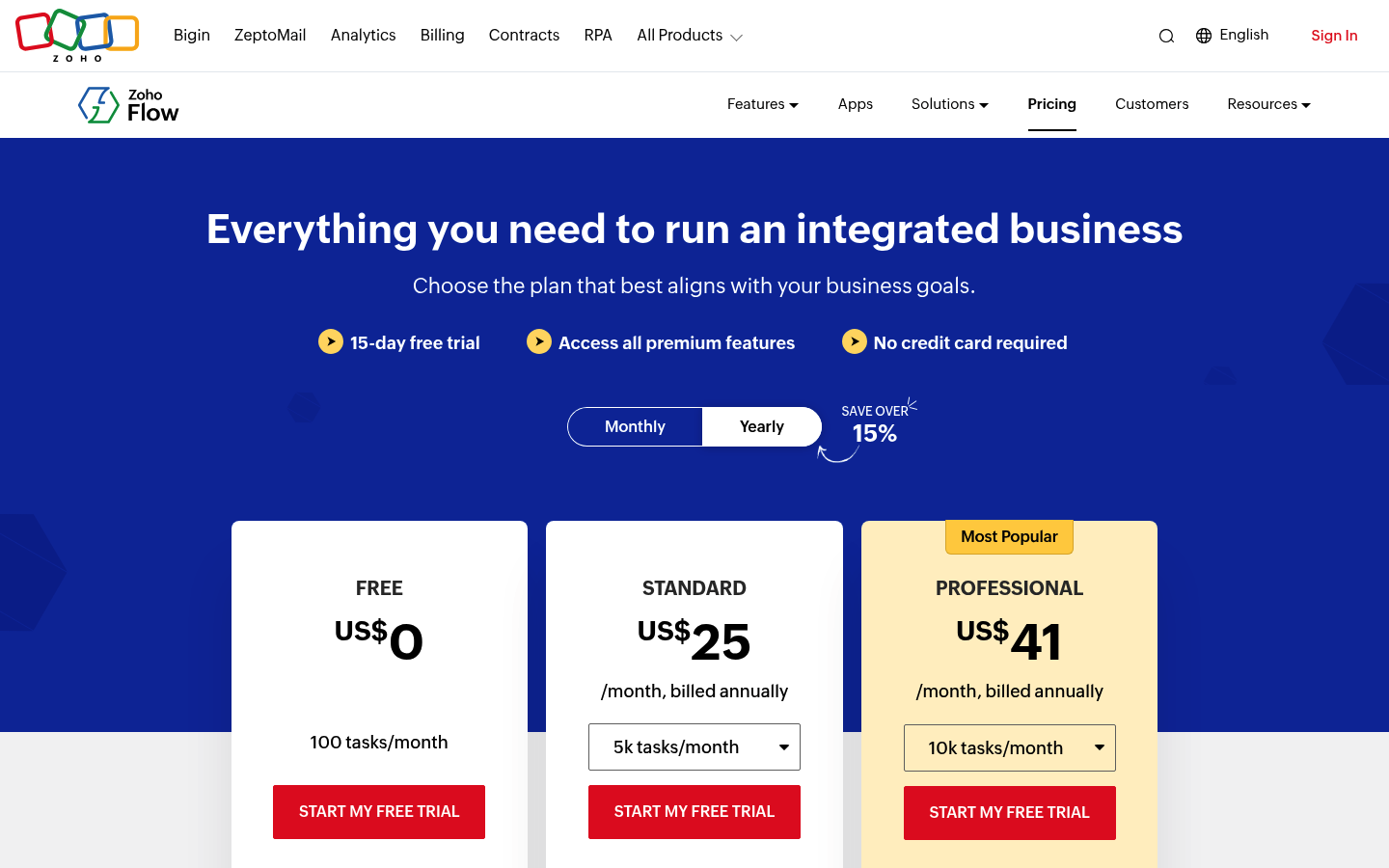 Screenshot of Zoho Flow's pricing page showing its plans and prices